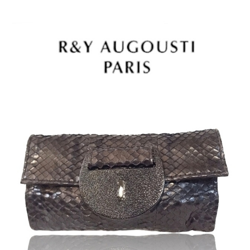 R&Y Augousti Evening Clutch Bag. Black genuine Python & Stingray leather.